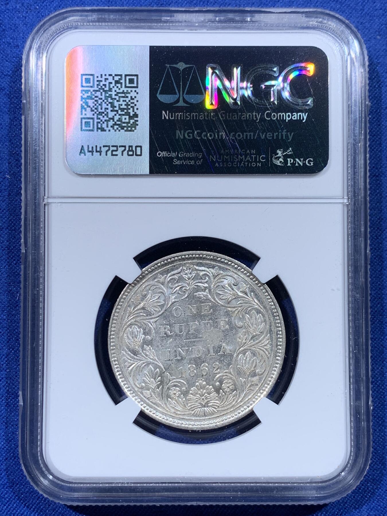 《竞宝斋》第443场 周日，周一，2场连拍 （全场包邮） NGC MS62 英属印度 1862年 维多利亚 1卢比 银币 原光好品
