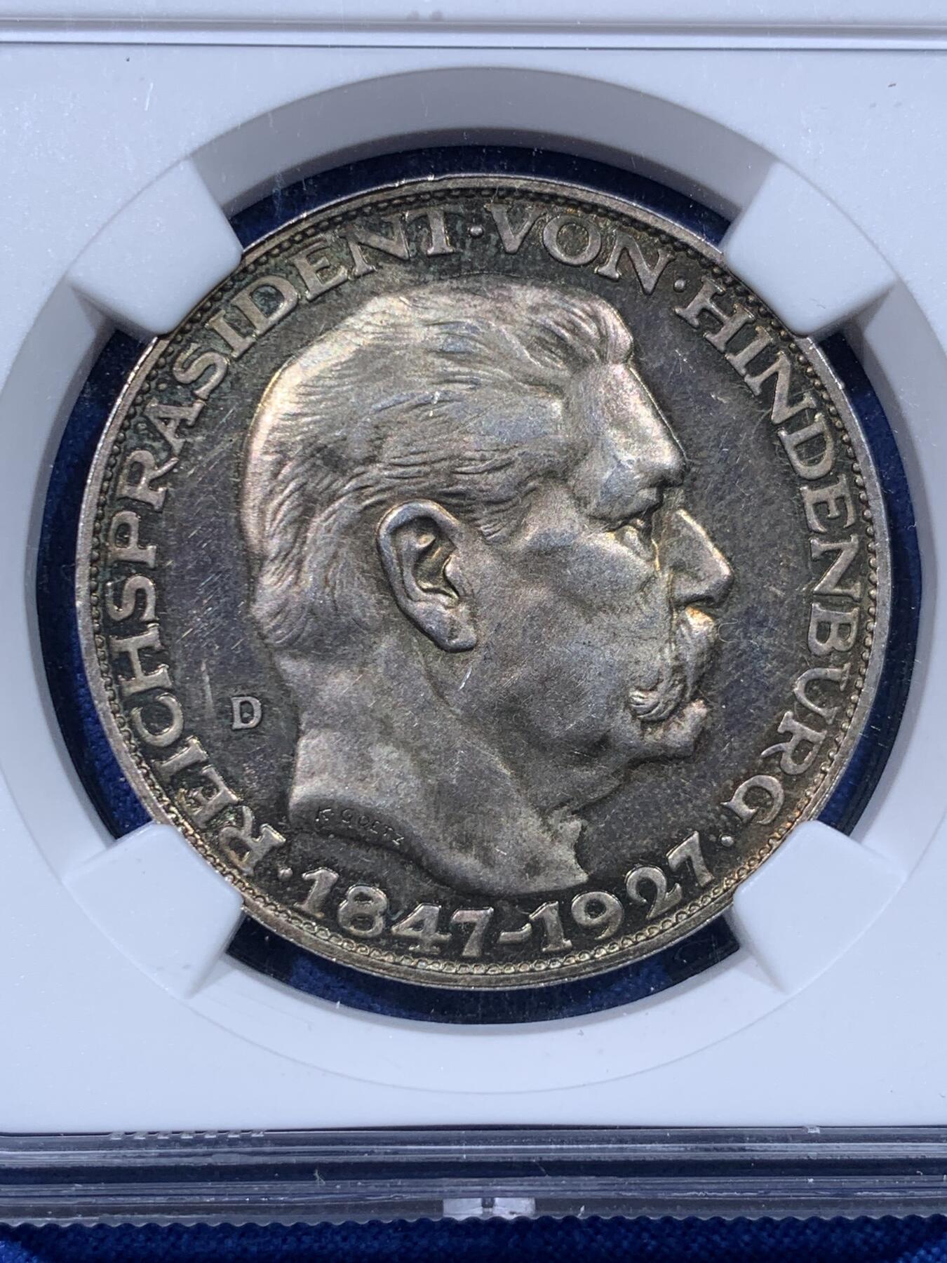 《竞宝斋》第443场 周日，周一，2场连拍 （全场包邮） NGC MS62 德国1927年兴登堡80大寿纪念银章，高分，双面包浆非常漂亮，卡尔哥茨作品。