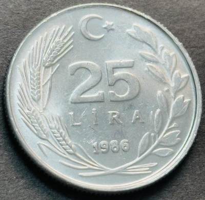 文馨钱币收藏第 284 场，【 长期接收代拍品】老藏家拍品南朝鲜李承晚时期货币，泰国大型纪念币，土耳其各时期及各国套币场 - 少见原光 1986 年土耳其 25 里拉铝币