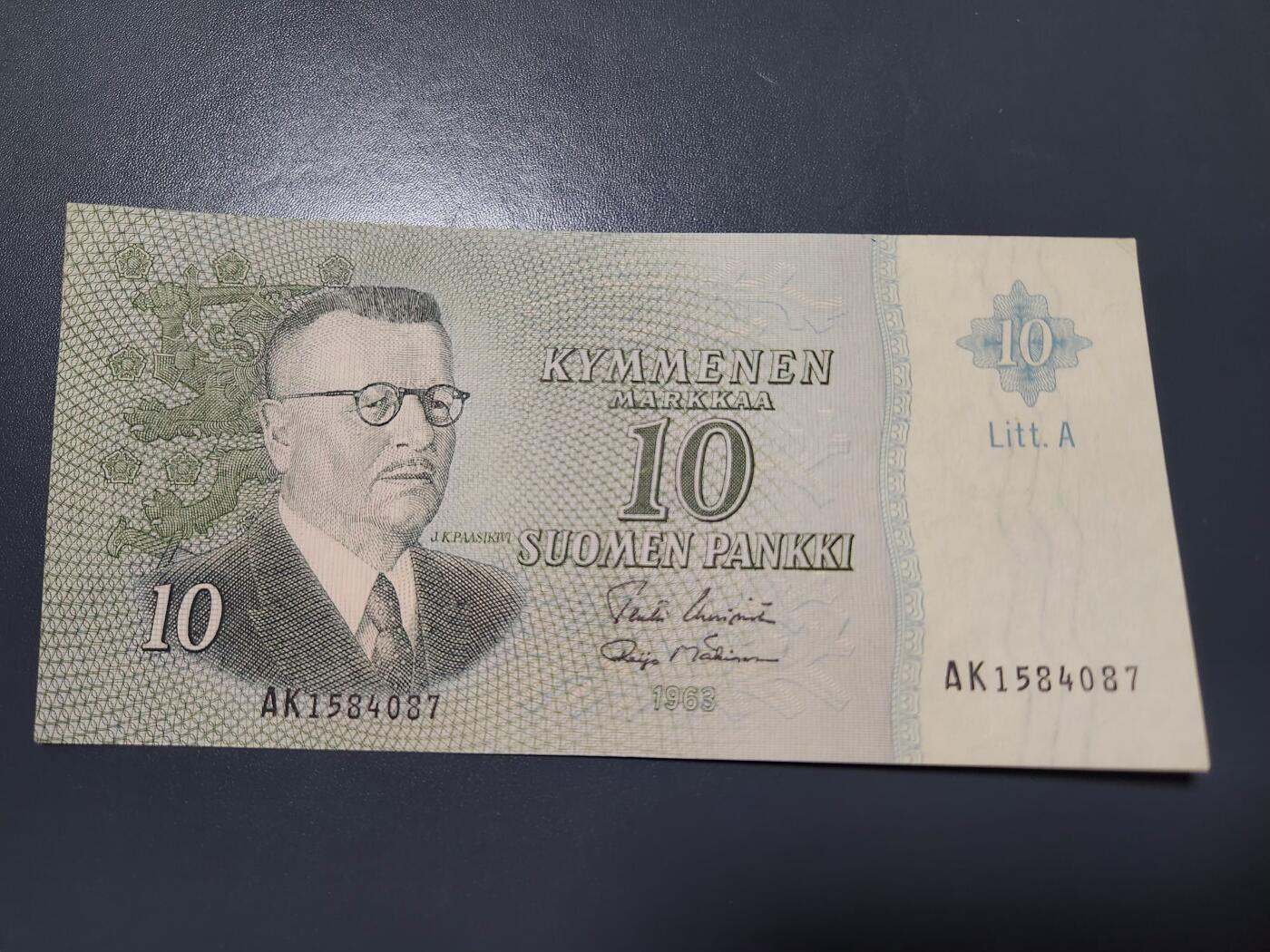 12月3号晚上8点 外国纸币自动截拍第67场 芬兰10马克纸币 1963年LITT.A版  首任总统 极美品