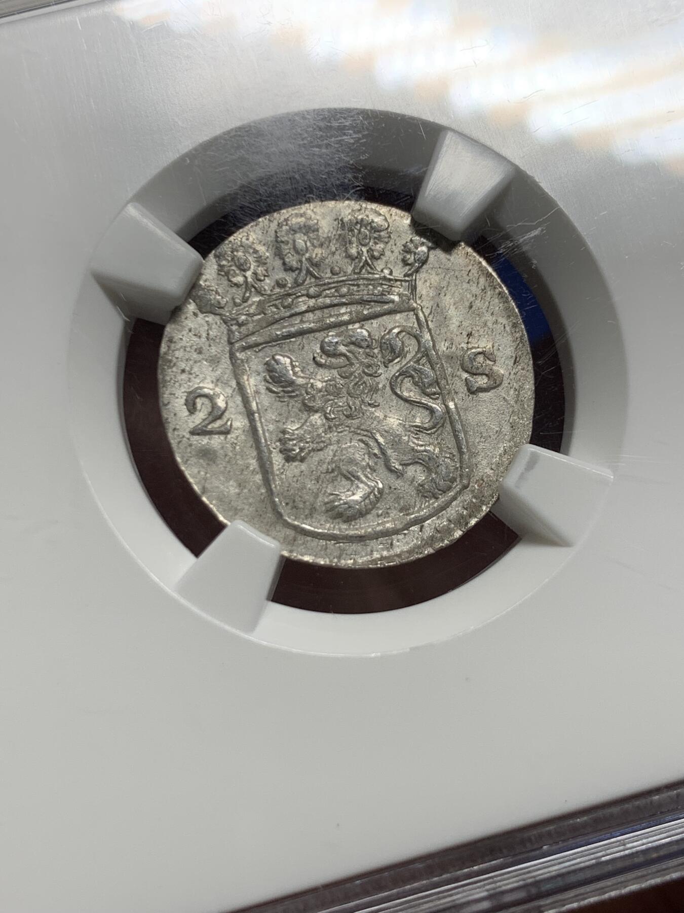 《竞宝斋》第443场 周日，周一，2场连拍 （全场包邮） NGC AU58 荷兰1780年2s银币 购自欧洲老藏家 打制深峻完整 老盒严评压分