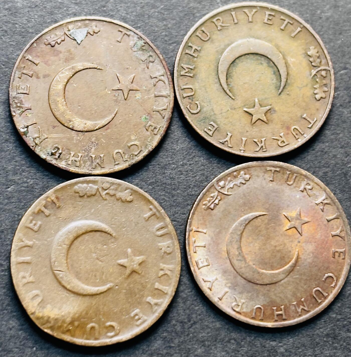 文馨钱币收藏第 284 场，【 长期接收代拍品】老藏家拍品南朝鲜李承晚时期货币，泰国大型纪念币，土耳其各时期及各国套币场 土耳其 1958-1974 年 10 库鲁铜币 4 枚