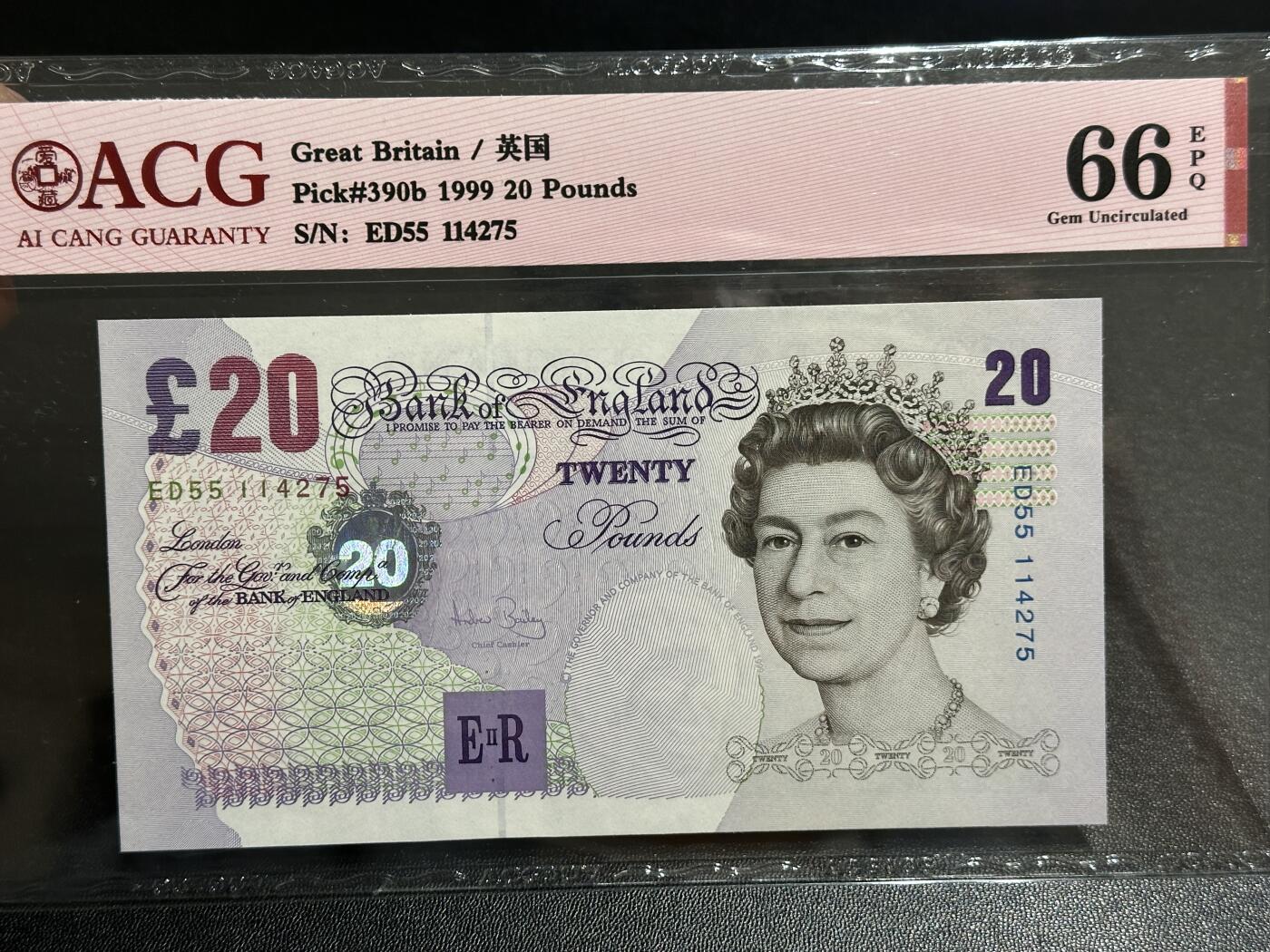 《外钞收藏家》第五百九十期（欧洲强钞、港币、硬通货及丰富裸币大拍场）（本平台长期征集拍品、欢迎藏友们联系合作） 1999年英国E序列20镑 爱藏评级66