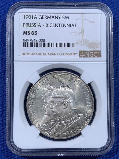 《竞宝斋》第443场 周日，周一，2场连拍 （全场包邮） - NGC MS65 德国1901年普鲁士建国200周年5马克大银币 黄油包浆 德系高分大银币一路狂飙 珍惜国内现货机会