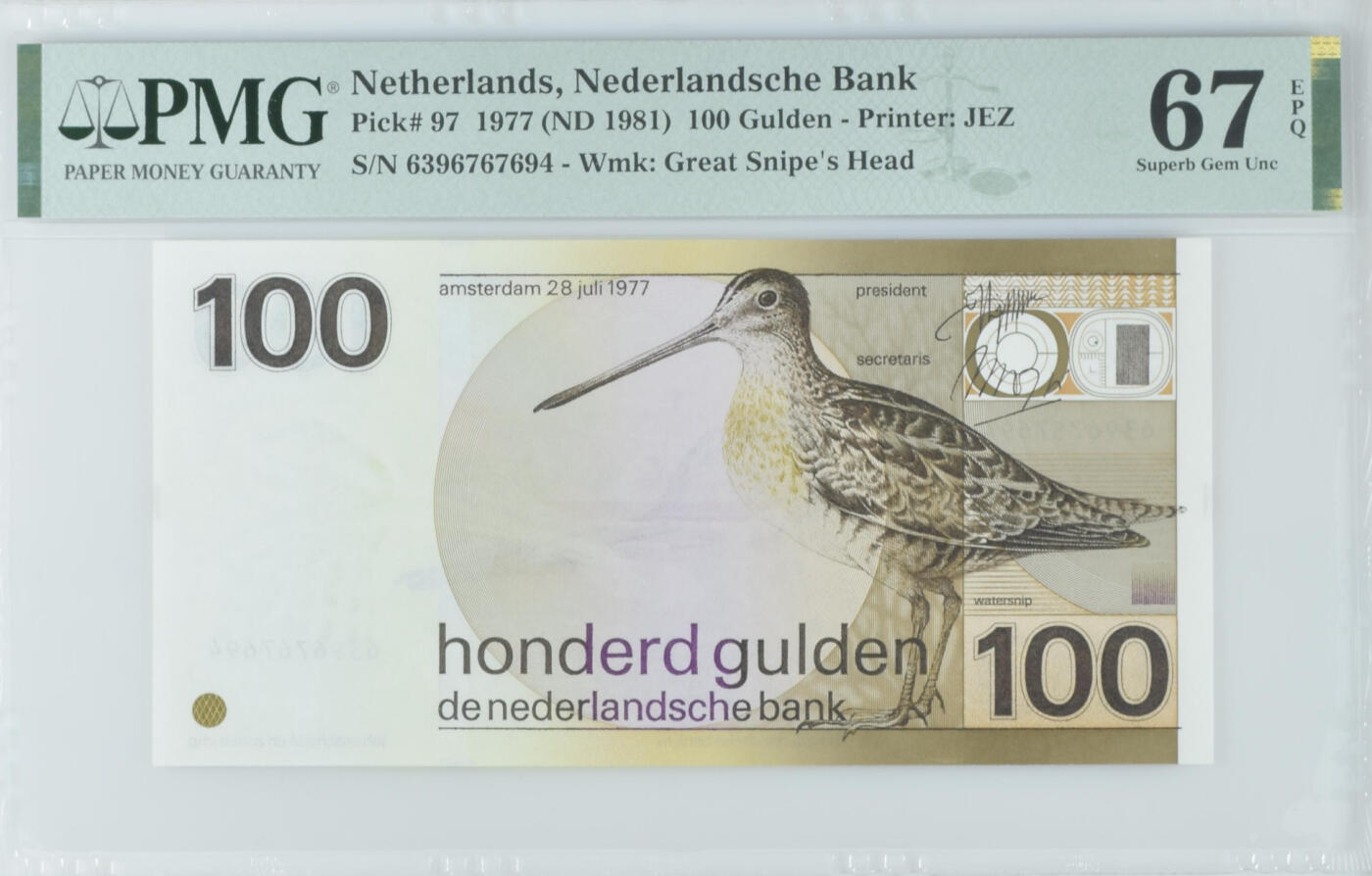 【礼羽收藏】🌏世界钱币拍卖第114期 荷兰 1977年100盾 水鸟 PMG67EPQ 高分