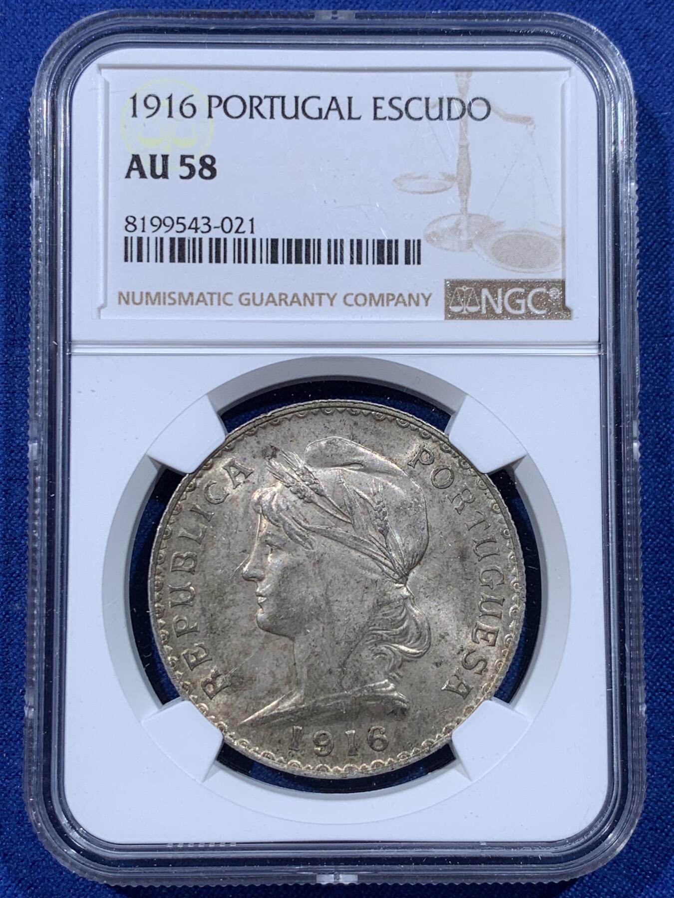 《竞宝斋》第443场 周日，周一，2场连拍 （全场包邮） NGC AU58 葡萄牙 1916年 1埃斯库多 女神 银币 老包浆 葡萄牙经典品种