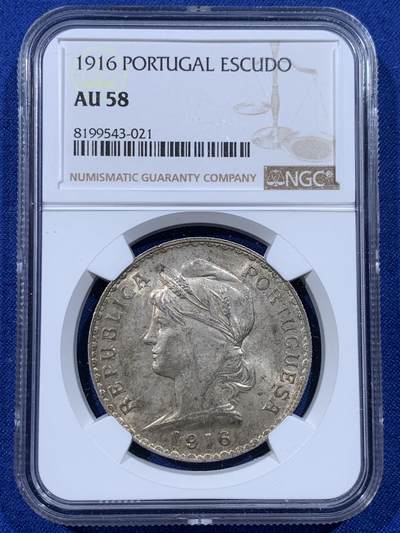 《竞宝斋》第443场 周日，周一，2场连拍 （全场包邮） - NGC AU58 葡萄牙 1916年 1埃斯库多 女神 银币 老包浆 葡萄牙经典品种