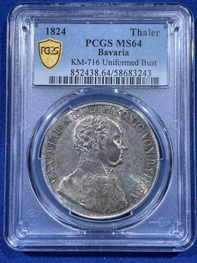 冠军分 PCGS-MS64 德国 1824年 马克西米连一世·约瑟夫 泰勒大银币