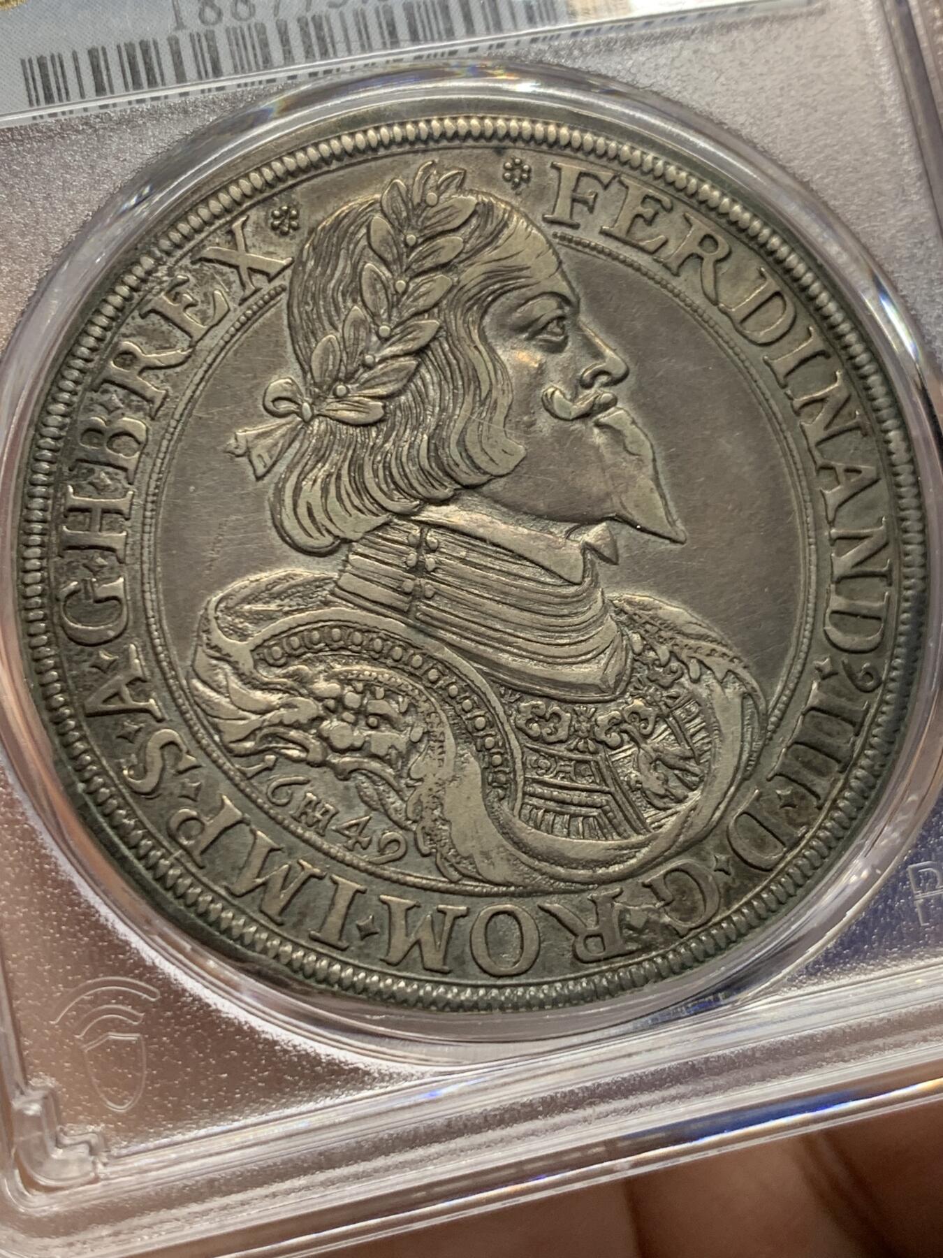 《竞宝斋》第443场 周日，周一，2场连拍 （全场包邮） 唯一冠军分 PCGS AU50 奥地利帝国 1649年 费迪南三世 泰勒大银币 稀少版本 双面原味深打 老泰勒最舒服的状态