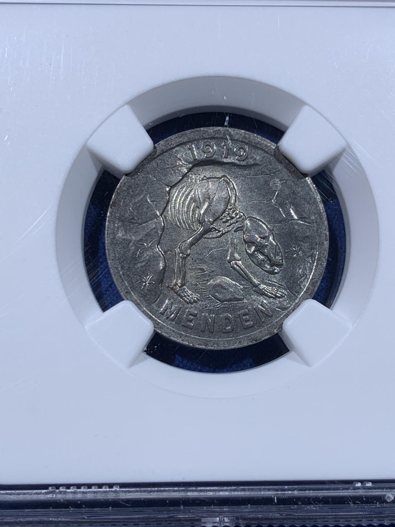 《竞宝斋》第443场 周日，周一，2场连拍 （全场包邮） NGC MS62 德国1923年德紧门登地区铁质洞熊币，面值50芬尼，此铁质版比铝质版少