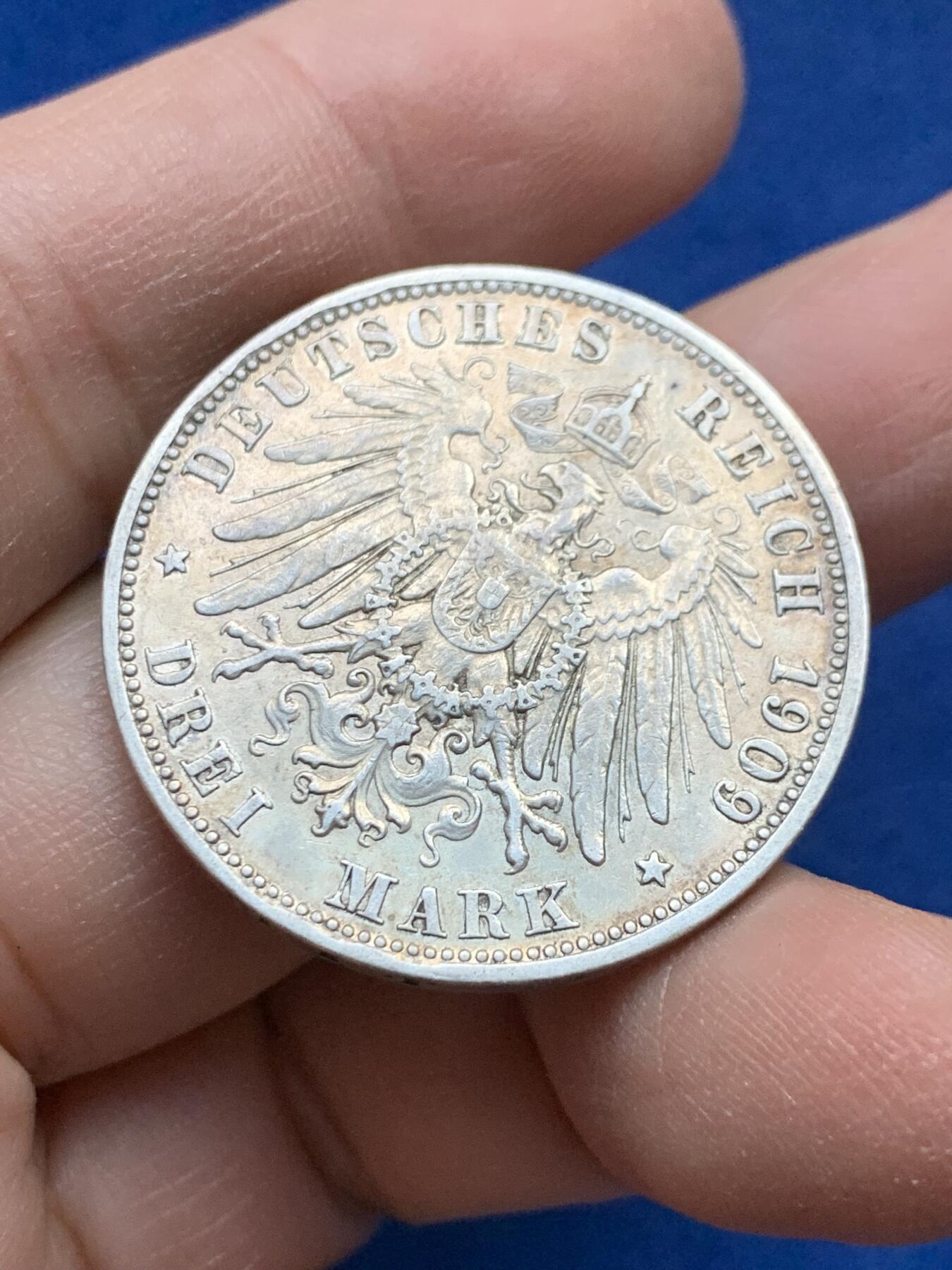 《竞宝斋》第443场 周日，周一，2场连拍 （全场包邮） 德国1909年巴伐利亚奥托3马克银币