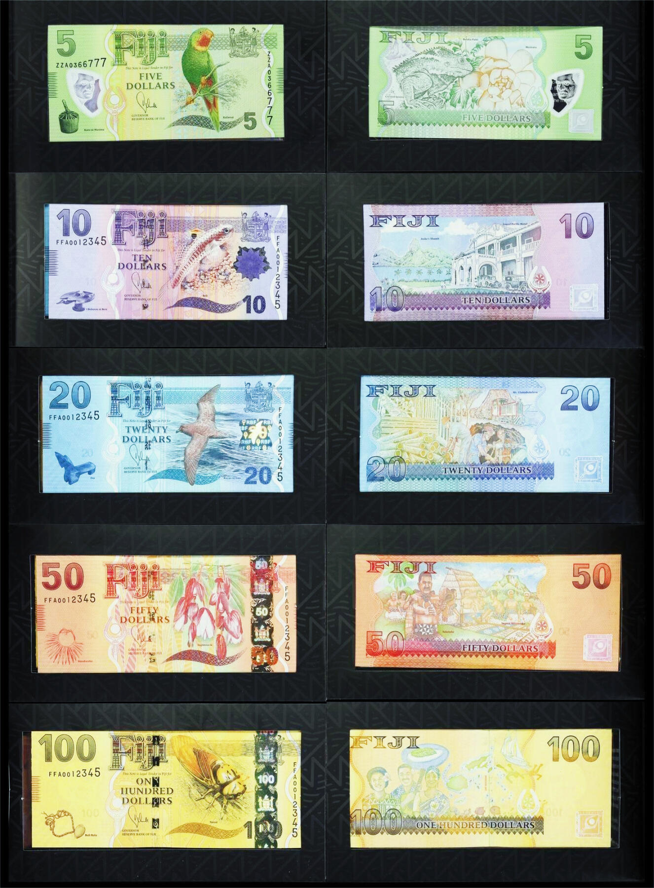 【Blue Auction】世界纸币精拍第757期——18级TOP拍卖/信誉/品质/专业/高效💫  【一组5张带册 含FFA首发012345阶梯号非常难得 5元质检问题不存世补号777豹子号替代】斐济 2013年5-100元 全新UNC 全套放在一起色彩艳丽 清新耐看