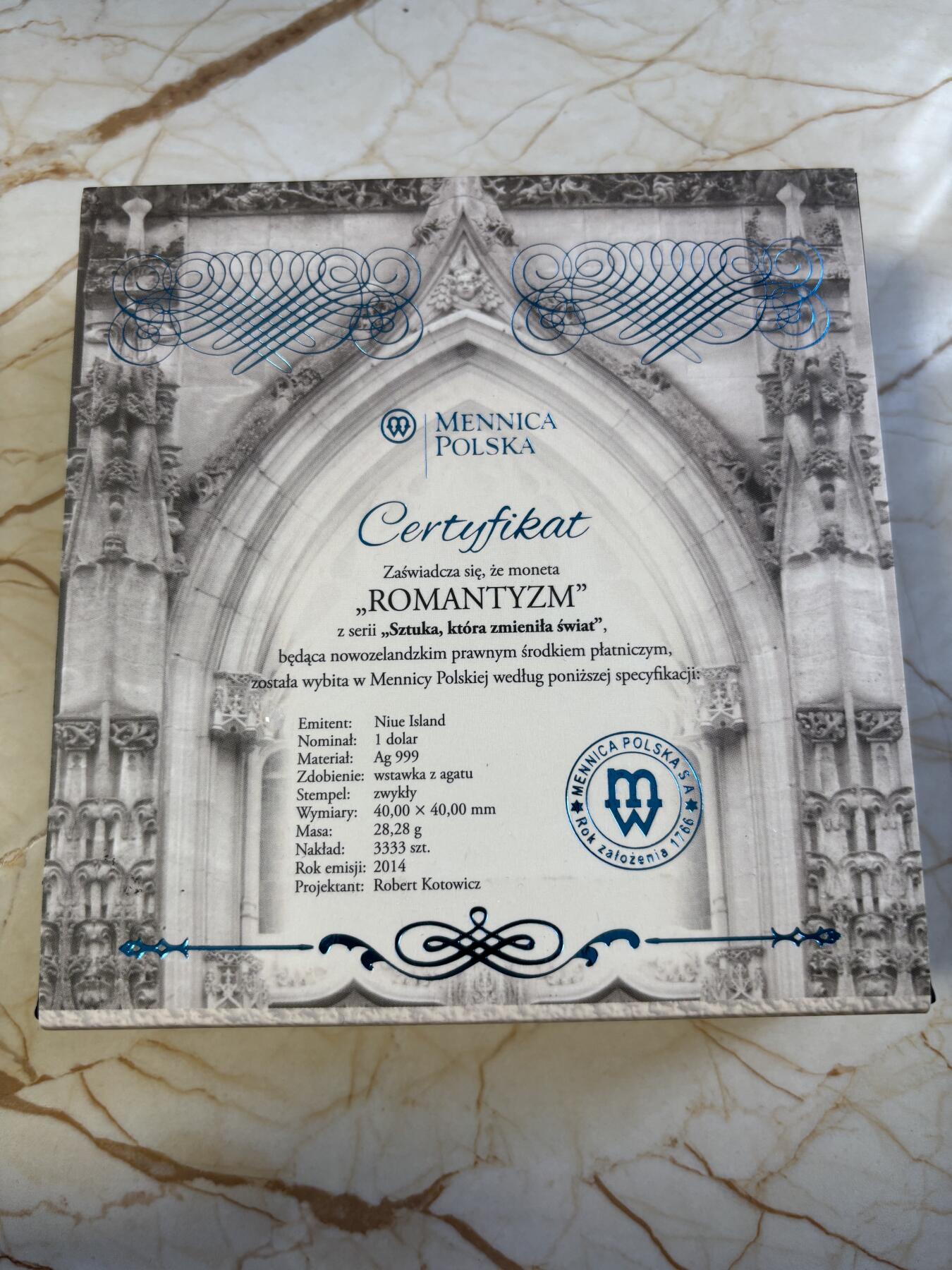 第183期拍卖 纽埃2014年1元 艺术改变世界 浪漫主义建筑 纪念银币 ，999银，28.28克，发行3333枚