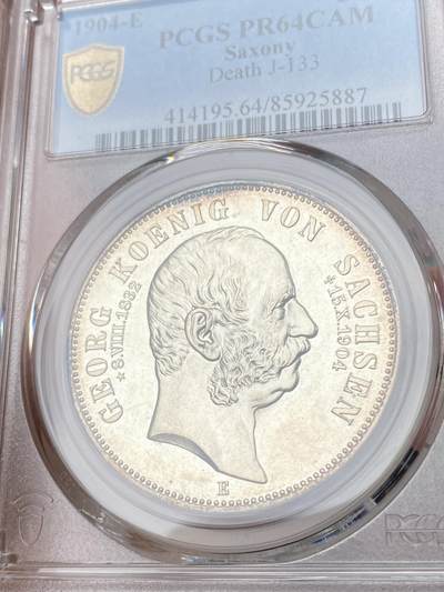 PCGS-PR64CAM 1904年德国萨克森乔治国王逝世纪念精制5马克 .