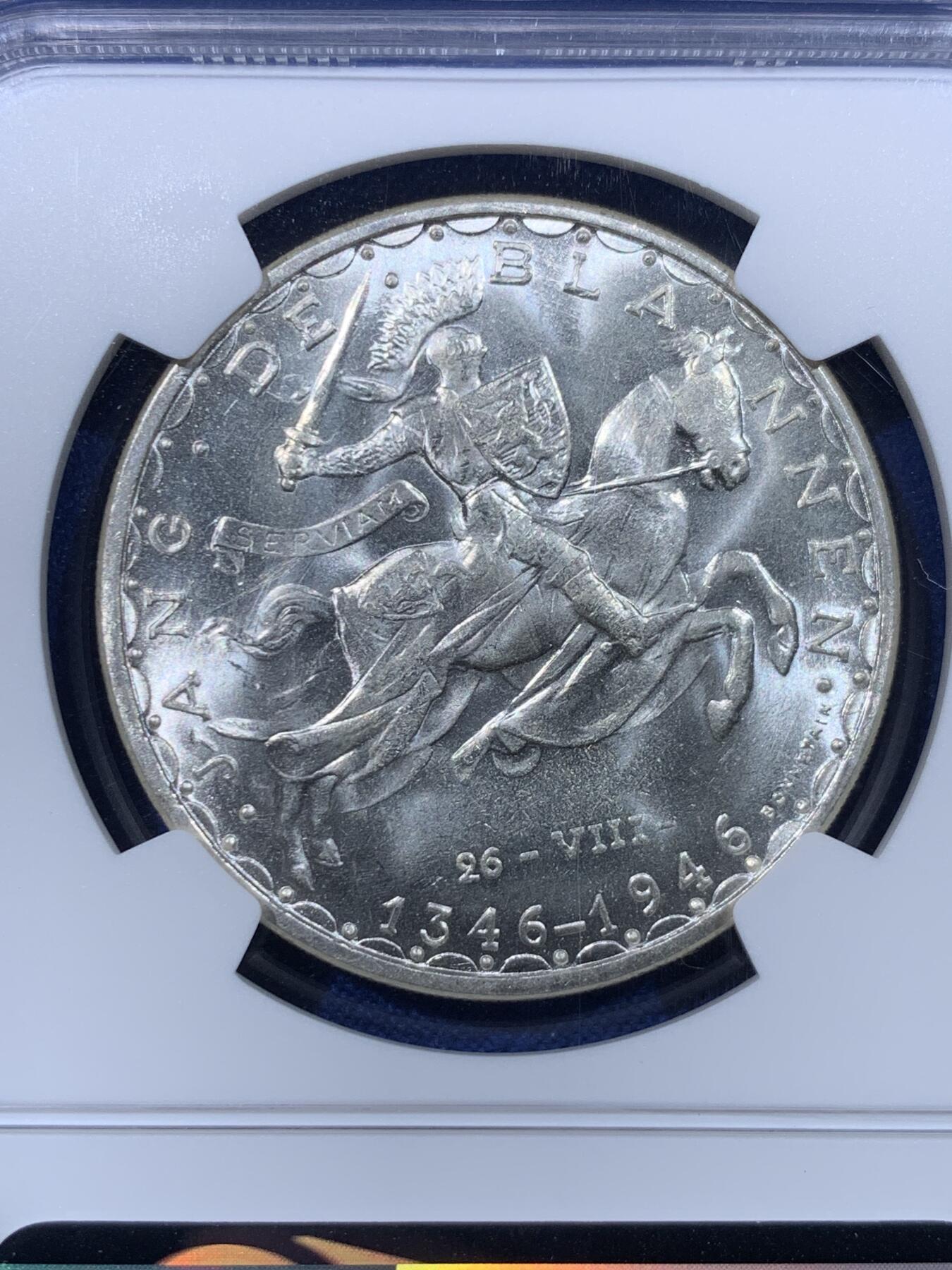 《竞宝斋》第443场 周日，周一，2场连拍 （全场包邮） NGC MS64 卢森堡1946年 盲人约翰大公阵亡600周年纪念 100法郎 马剑银币 币面干净 光度极佳