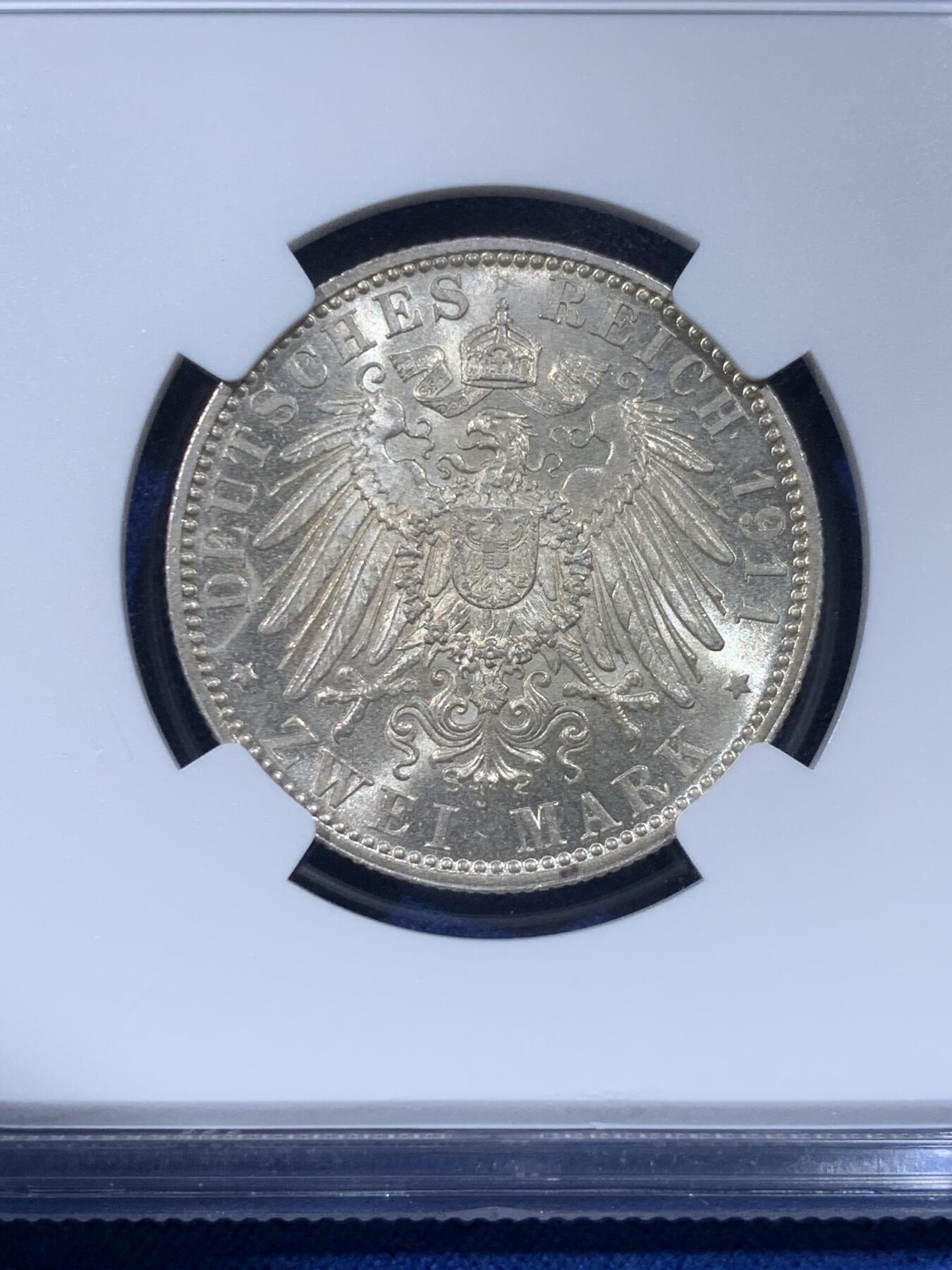 《竞宝斋》第443场 周日，周一，2场连拍 （全场包邮） NGC MS64 德国1911D巴伐利亚柳特波德摄政王90寿诞2马克银币