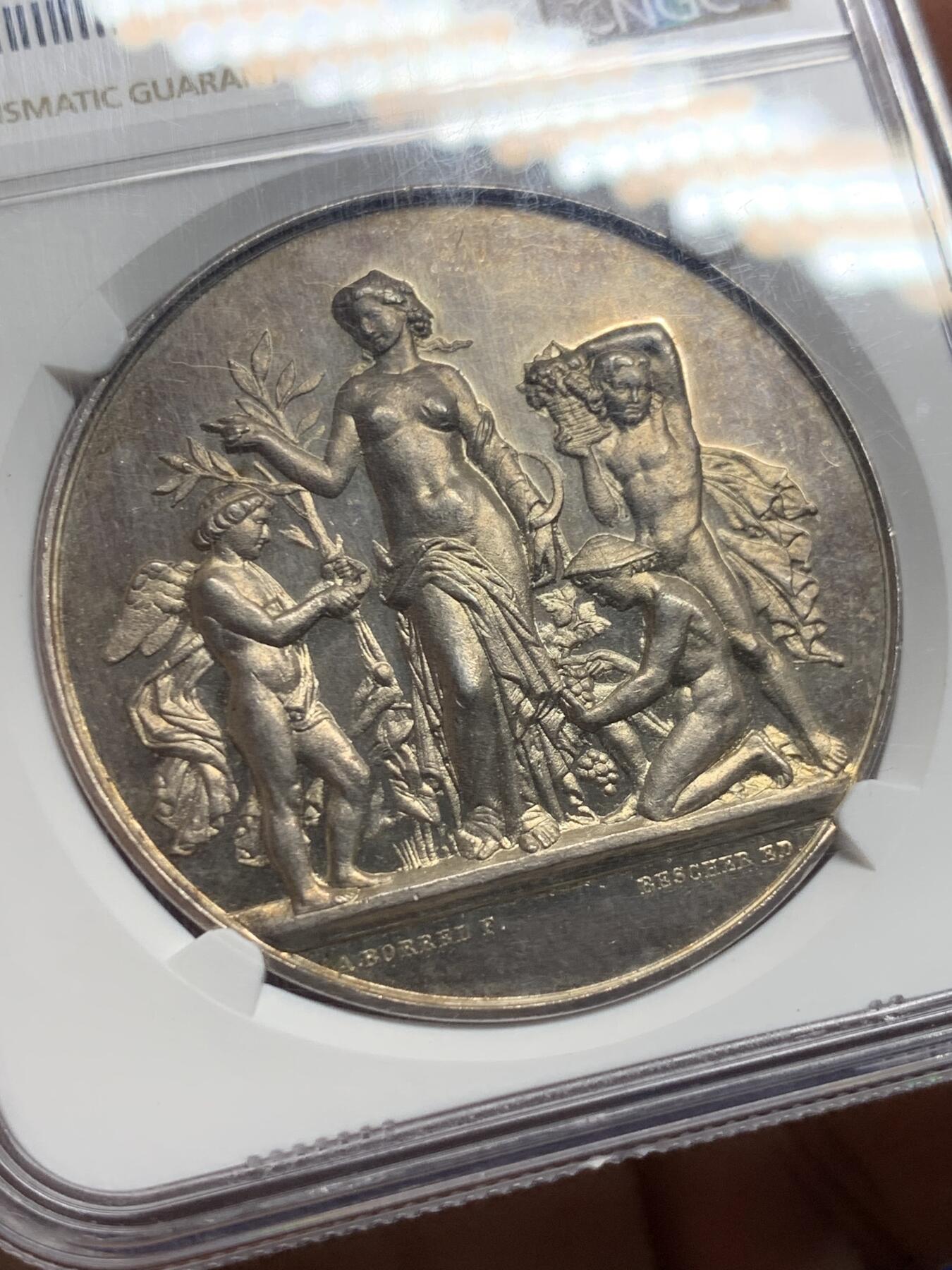 《竞宝斋》第443场 周日，周一，2场连拍 （全场包邮） NGC MS61 法国园艺学会银章 42mm 底板很不错 感觉低评了