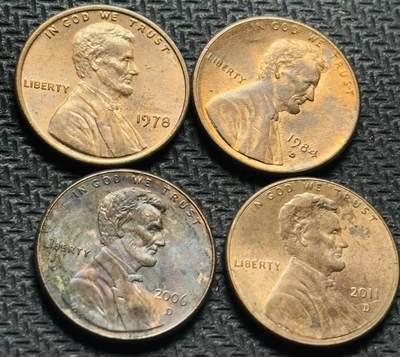 文馨钱币收藏第 284 场，【 长期接收代拍品】老藏家拍品南朝鲜李承晚时期货币，泰国大型纪念币，土耳其各时期及各国套币场 - 好品美国林肯一分 4 枚不同年份