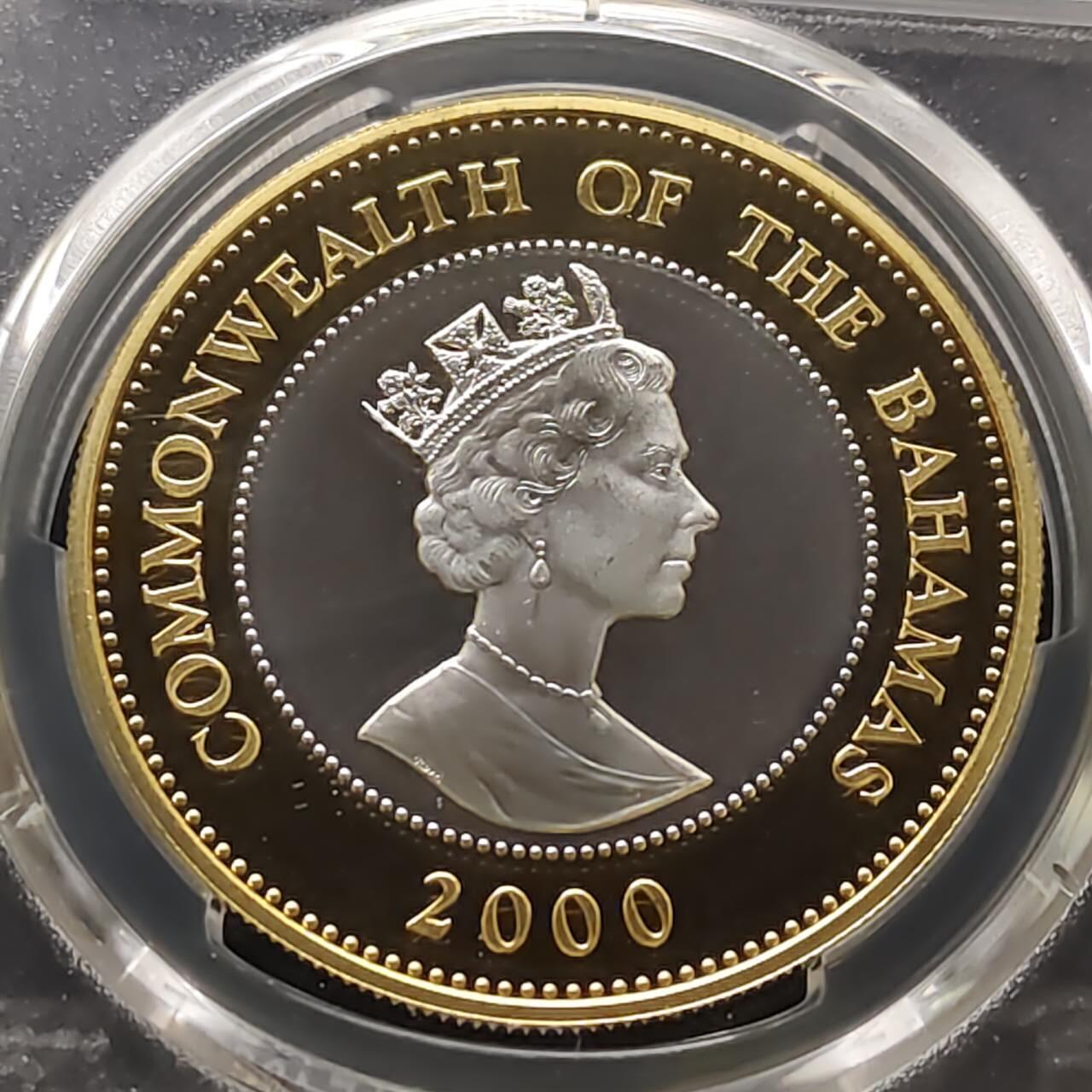 【全场包邮】纯粹捡漏拍485场（免费代拍第22场） 【收藏级·冠军分】巴哈马群岛2000年2元女王母亲伊丽莎白皇太后诞生100周年精制外圈镀金克朗型纪念银币-PCGS PR68 DCAM