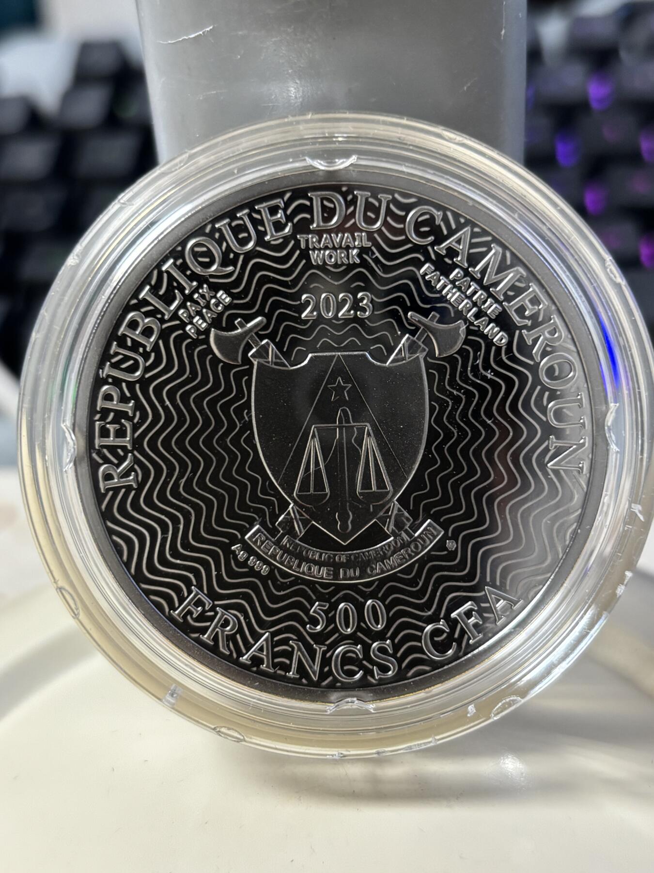 第184期拍卖 喀麦隆2023年十二星座系列水瓶座镀金彩色纪念银币，999银，发行500枚，17.5克