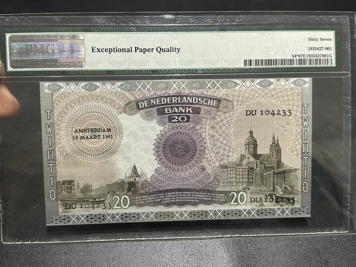 《外钞收藏家》第五百九十期（欧洲强钞、港币、硬通货及丰富裸币大拍场）（本平台长期征集拍品、欢迎藏友们联系合作） 1939-41年荷兰20盾 PMG67 补号