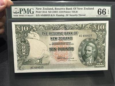《外钞收藏家》第五百九十期（欧洲强钞、港币、硬通货及丰富裸币大拍场）（本平台长期征集拍品、欢迎藏友们联系合作） - 1967年新西兰联邦版10镑 库克船长 PMG66 二代老壳