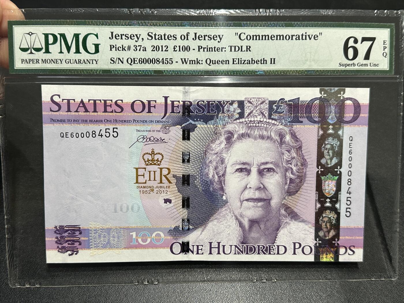 《外钞收藏家》第五百九十期（欧洲强钞、港币、硬通货及丰富裸币大拍场）（本平台长期征集拍品、欢迎藏友们联系合作） 2012年泽西女王纪念钞 100镑 PMG67