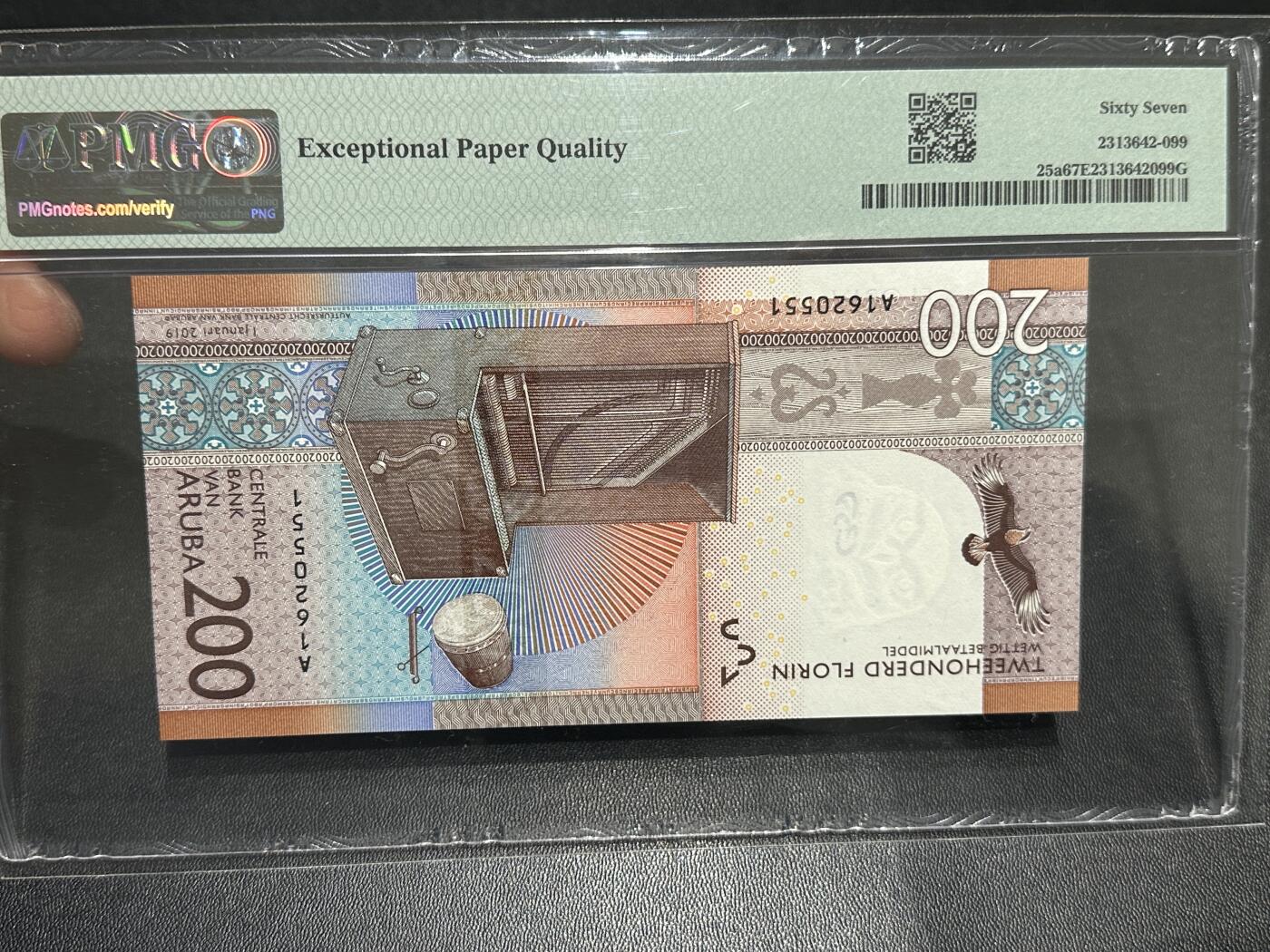 《外钞收藏家》第五百九十期（欧洲强钞、港币、硬通货及丰富裸币大拍场）（本平台长期征集拍品、欢迎藏友们联系合作） 2019年阿鲁巴200福林 PMG67 A冠 无47
