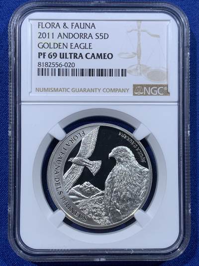 《竞宝斋》第443场 周日，周一，2场连拍 （全场包邮） - NGC PF69UC 安道尔2011年比利牛斯山脉的动植物群—鹰银币 925银 15.5克