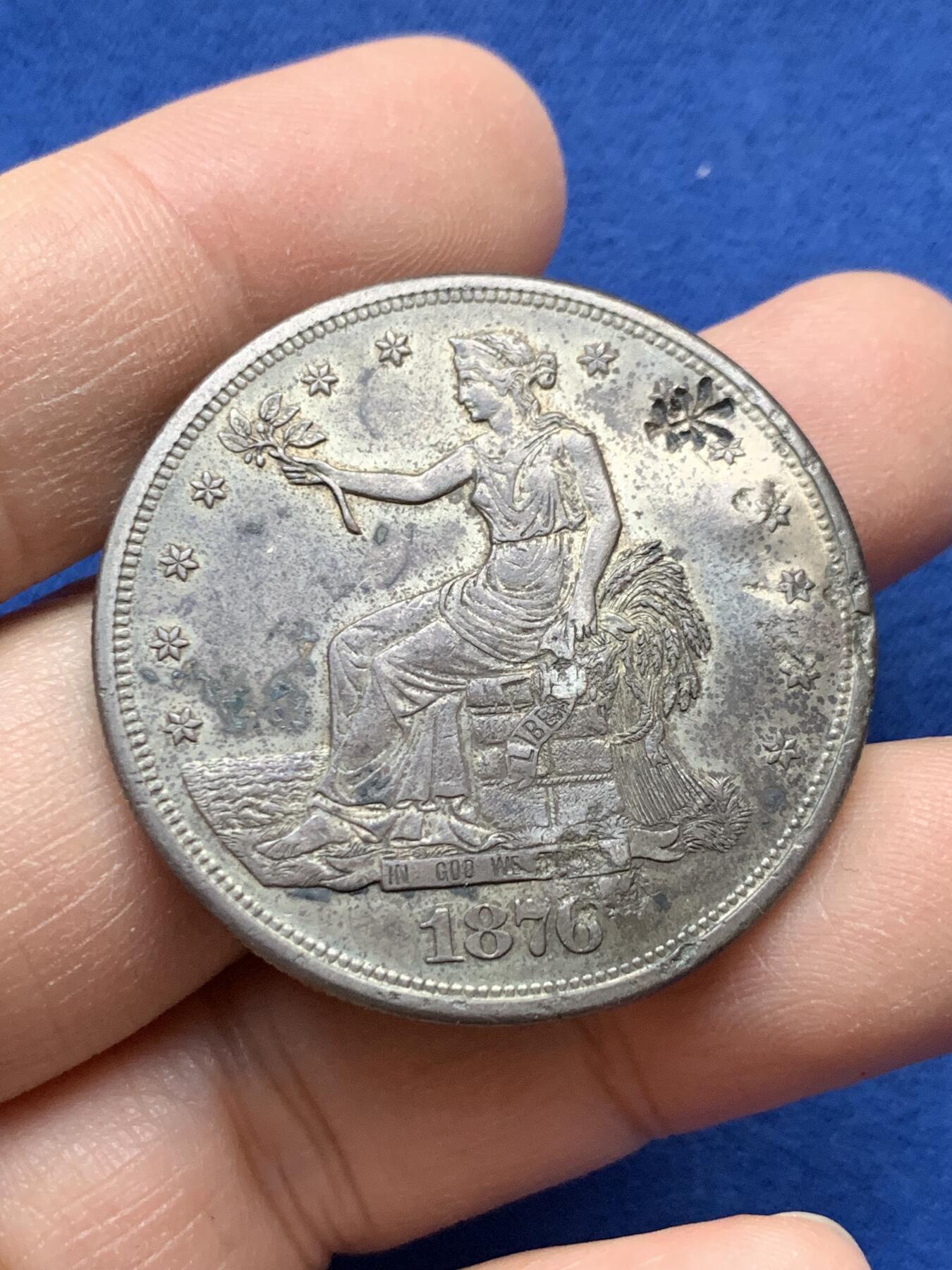 《竞宝斋》第443场 周日，周一，2场连拍 （全场包邮） 1876年美国贸易银元，原味老包浆，极美，戳记清晰。