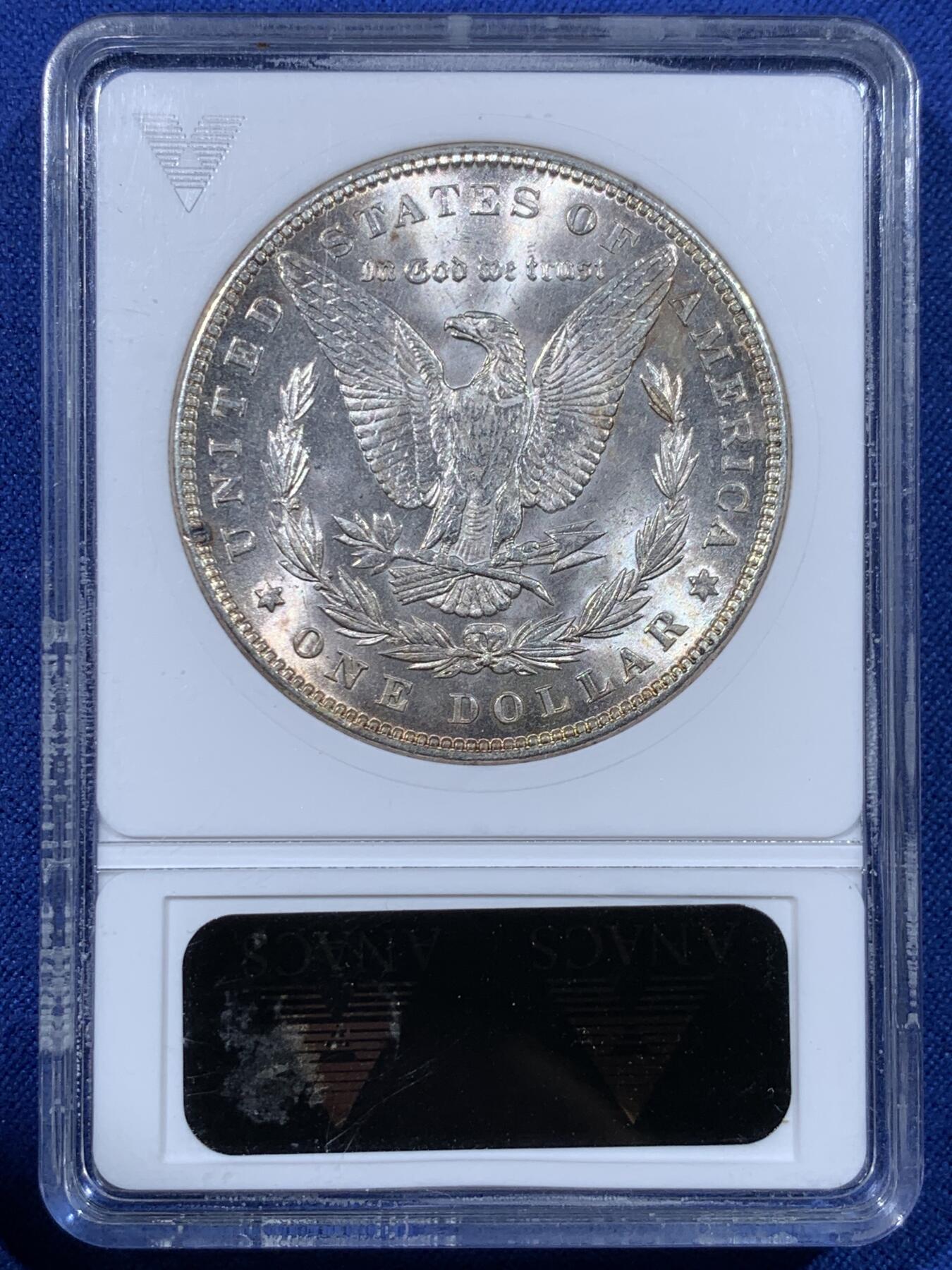 《竞宝斋》第443场 周日，周一，2场连拍 （全场包邮） ANACS MS62 肥皂盒 1887年美国摩根银币P厂 老盒严评，低评币，女神脸部干净，币两面粉光+转光，状态很好。