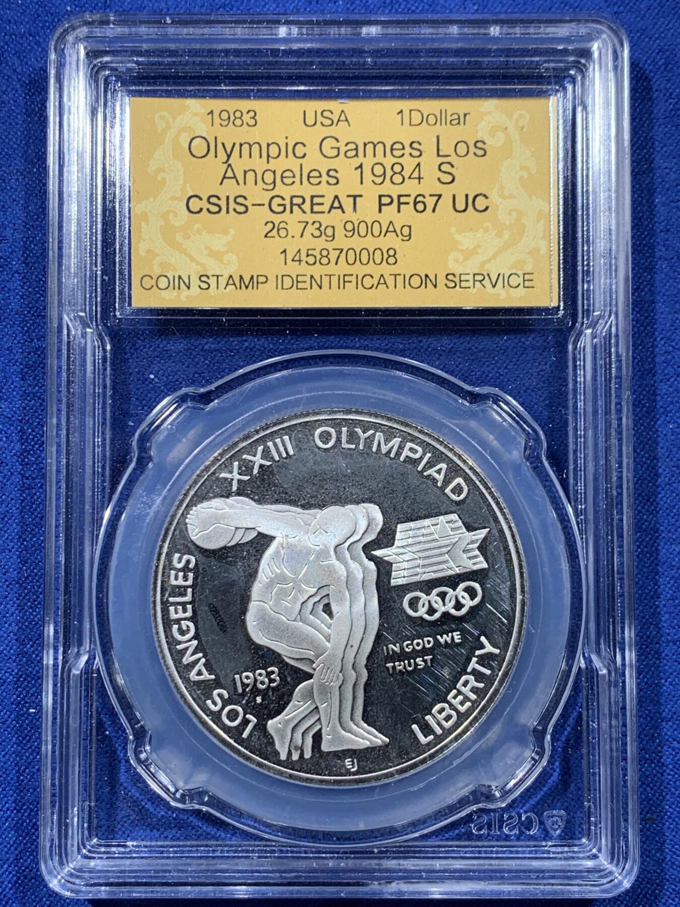 《竞宝斋》第443场 周日，周一，2场连拍 （全场包邮） 信泰评级 PF67UC 美国1983年洛杉矶奥运1美元精制纪念银币
