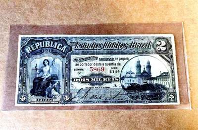 【Blue Auction】世界纸币精拍第757期——18级TOP拍卖/信誉/品质/专业/高效💫 - 【p10b 早期手签实钞罕见】巴西 1890年2Mil Reis 执剑女神 彼时街景 ABNC雕刻非常细腻精美 品相如图 