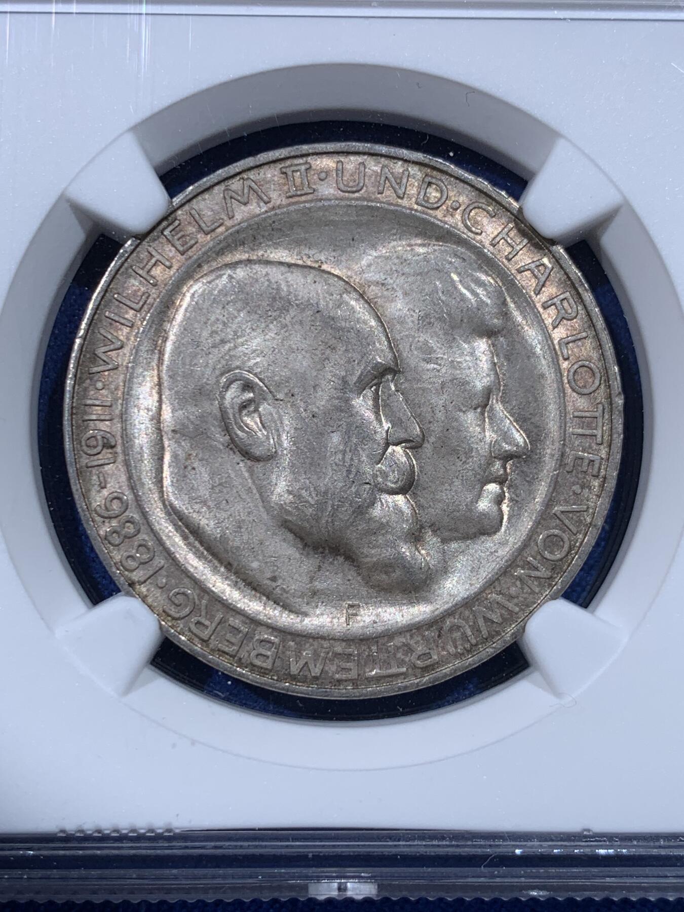 《竞宝斋》第443场 周日，周一，2场连拍 （全场包邮） NGC MS64 德国1911年符腾堡王国威廉二世国王银婚3马克银币