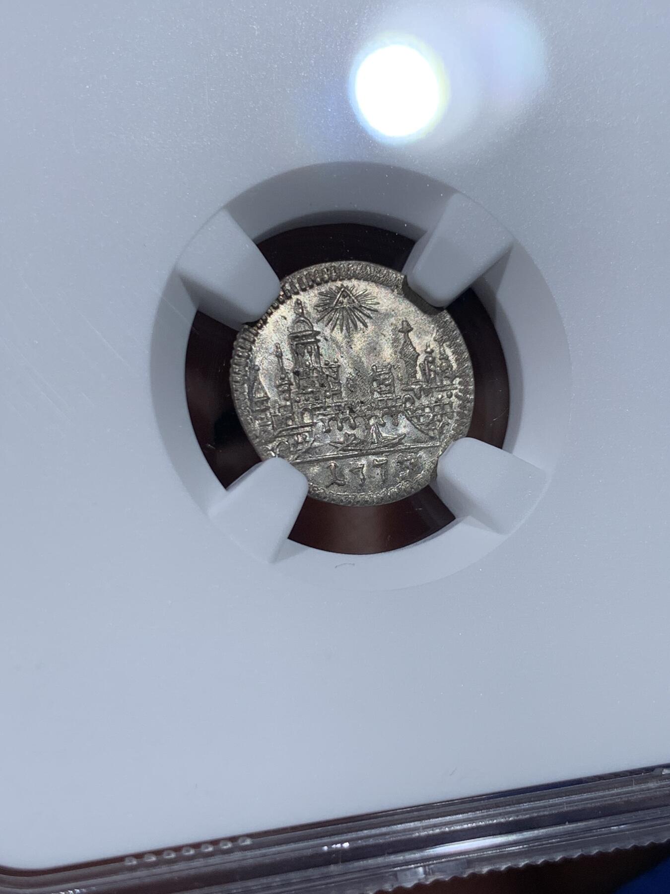 《竞宝斋》第443场 周日，周一，2场连拍 （全场包邮） NGC MS65 神圣罗马帝国时期1773年法兰克福城市景观银币，面值1克鲁泽，神罗系列的帝国自由市小精品，光度无敌，高分难得