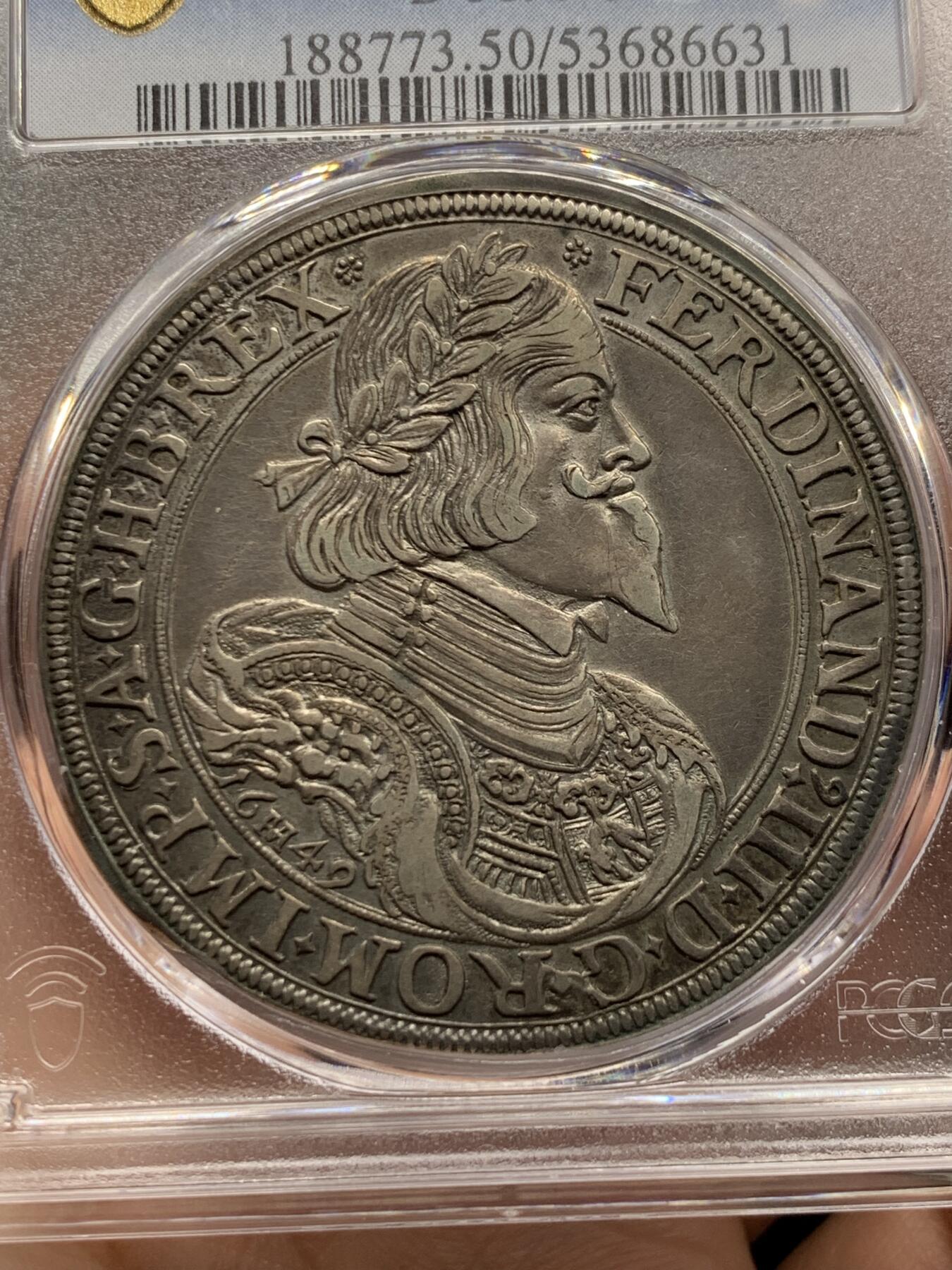 《竞宝斋》第443场 周日，周一，2场连拍 （全场包邮） 唯一冠军分 PCGS AU50 奥地利帝国 1649年 费迪南三世 泰勒大银币 稀少版本 双面原味深打 老泰勒最舒服的状态