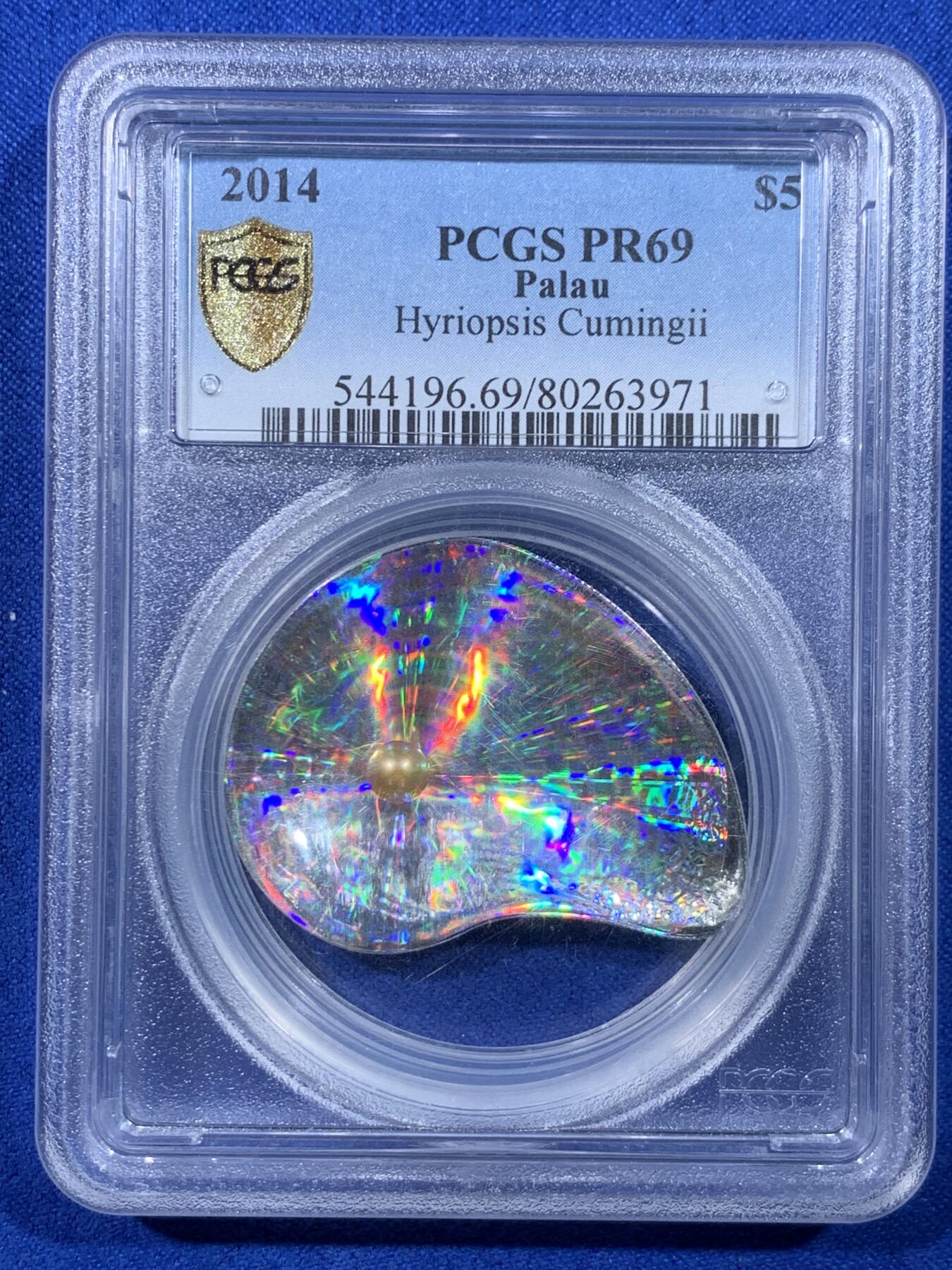《竞宝斋》第443场 周日，周一，2场连拍 （全场包邮） PCGS PR69 帕劳2014年洋瑰宝4-三角蚌含珠本色（异形）5元精制纪念银币（最美的仿生银币之一  25克，999银，41MM币径，稀有限量发行1500枚，加厚盒，带证书）