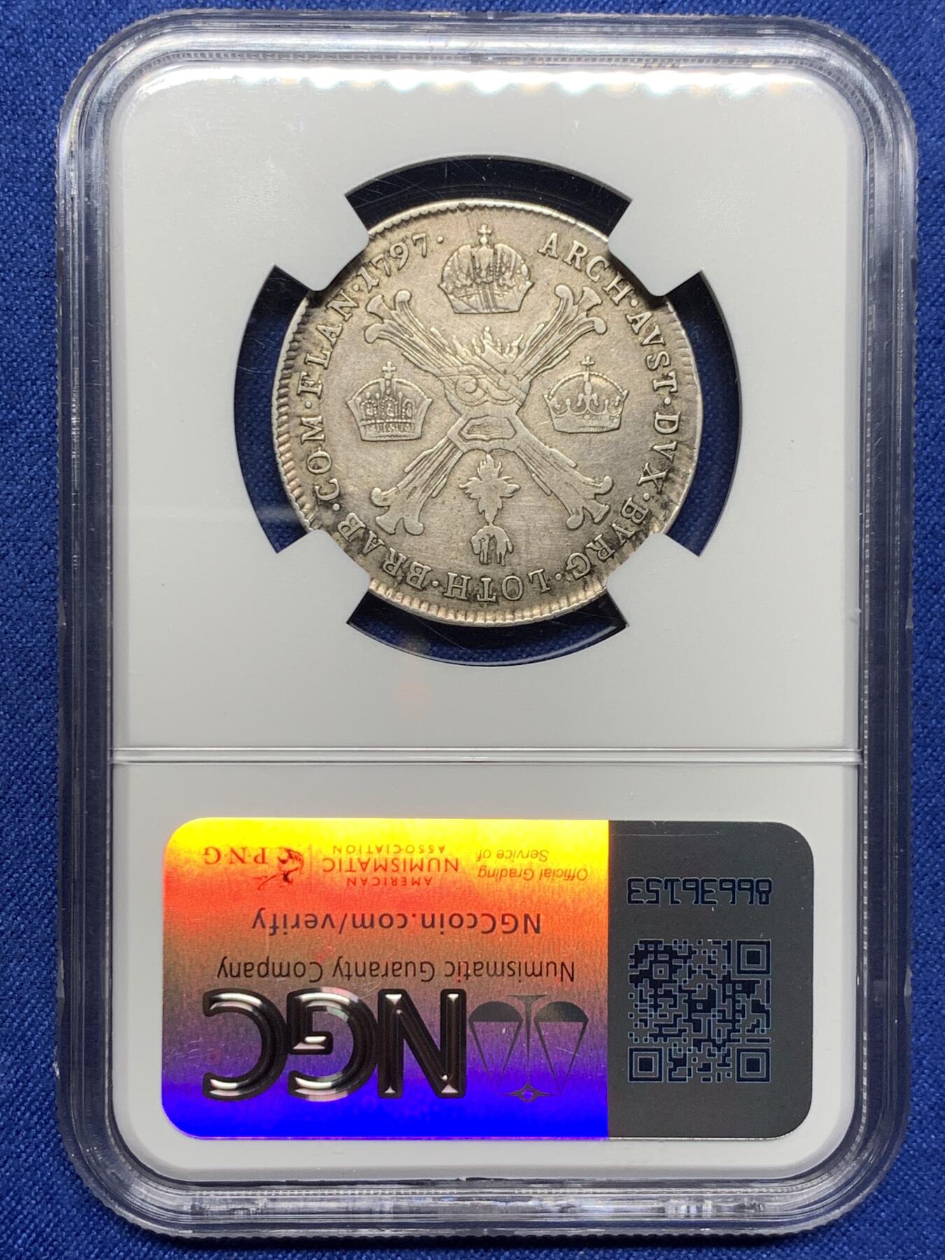 《竞宝斋》第443场 周日，周一，2场连拍 （全场包邮） NGC VFD 奥属荷兰 1797年 1/4泰勒银币 B版 背面三皇冠 经典品种