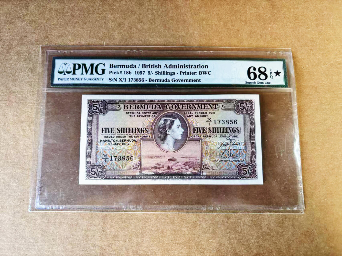 【Blue Auction】世界纸币精拍第757期——18级TOP拍卖/信誉/品质/专业/高效💫  百慕大 1957年5先令 女王侧面像 PMG68EPQ星星 高分 老壳