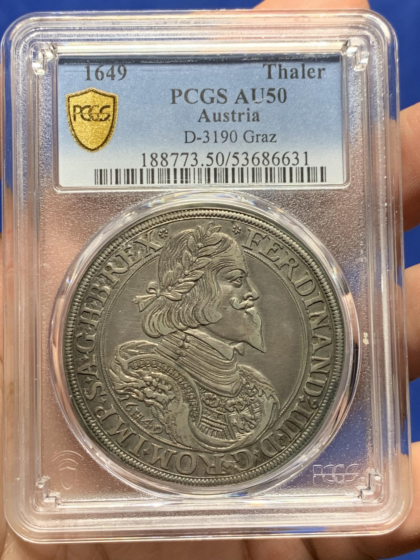 《竞宝斋》第443场 周日，周一，2场连拍 （全场包邮） 唯一冠军分 PCGS AU50 奥地利帝国 1649年 费迪南三世 泰勒大银币 稀少版本 双面原味深打 老泰勒最舒服的状态