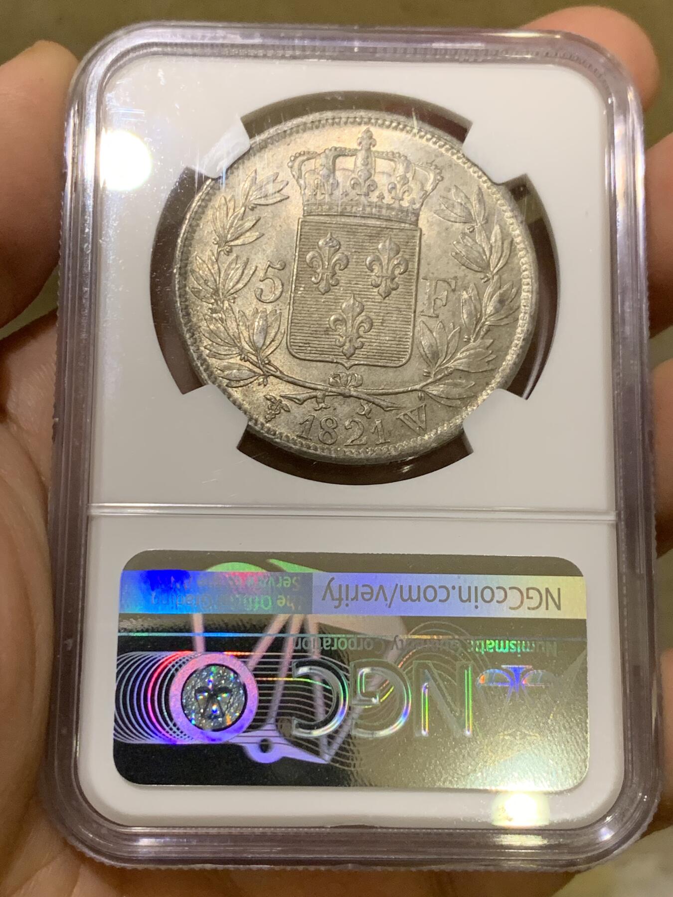 《竞宝斋》第443场 周日，周一，2场连拍 （全场包邮） NGC MS62 法国1821年W版路易十八5法郎银币，200年醇美包浆带光品