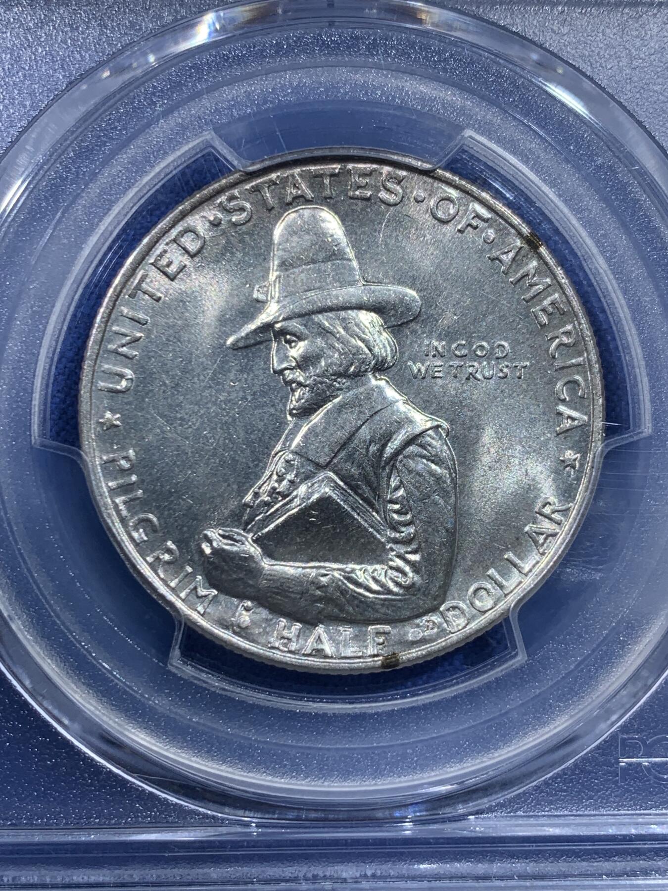 《竞宝斋》第443场 周日，周一，2场连拍 （全场包邮） PCGS MS64 美国1920年清教徒移民半美元纪念银币 经典设计 背面五月花号 盒子支撑有磕