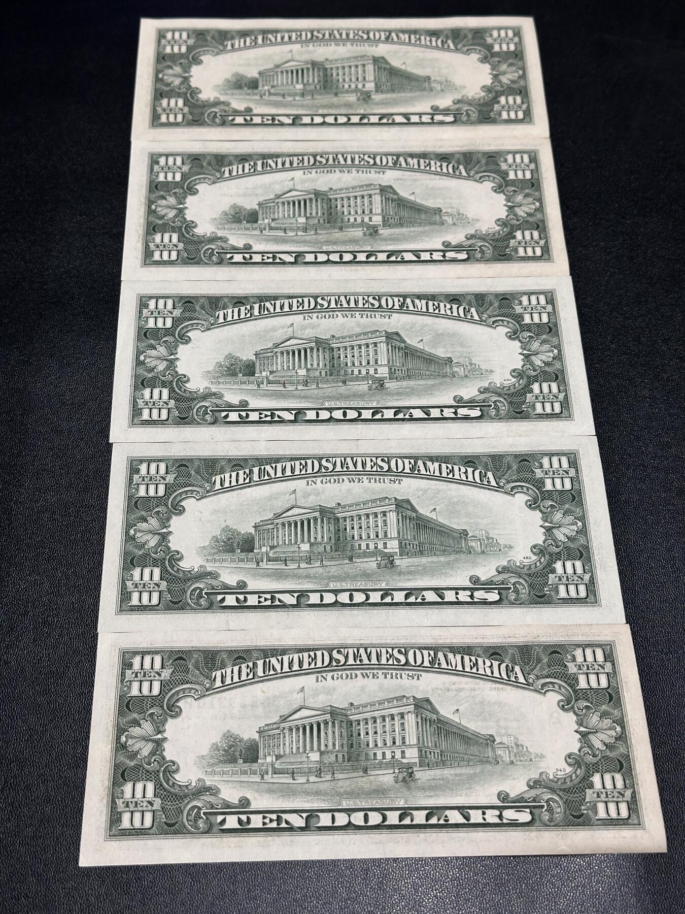 《外钞收藏家》第五百九十期（欧洲强钞、港币、硬通货及丰富裸币大拍场）（本平台长期征集拍品、欢迎藏友们联系合作） 1990年美国小头版10美元 5张一起 AU/UNC-