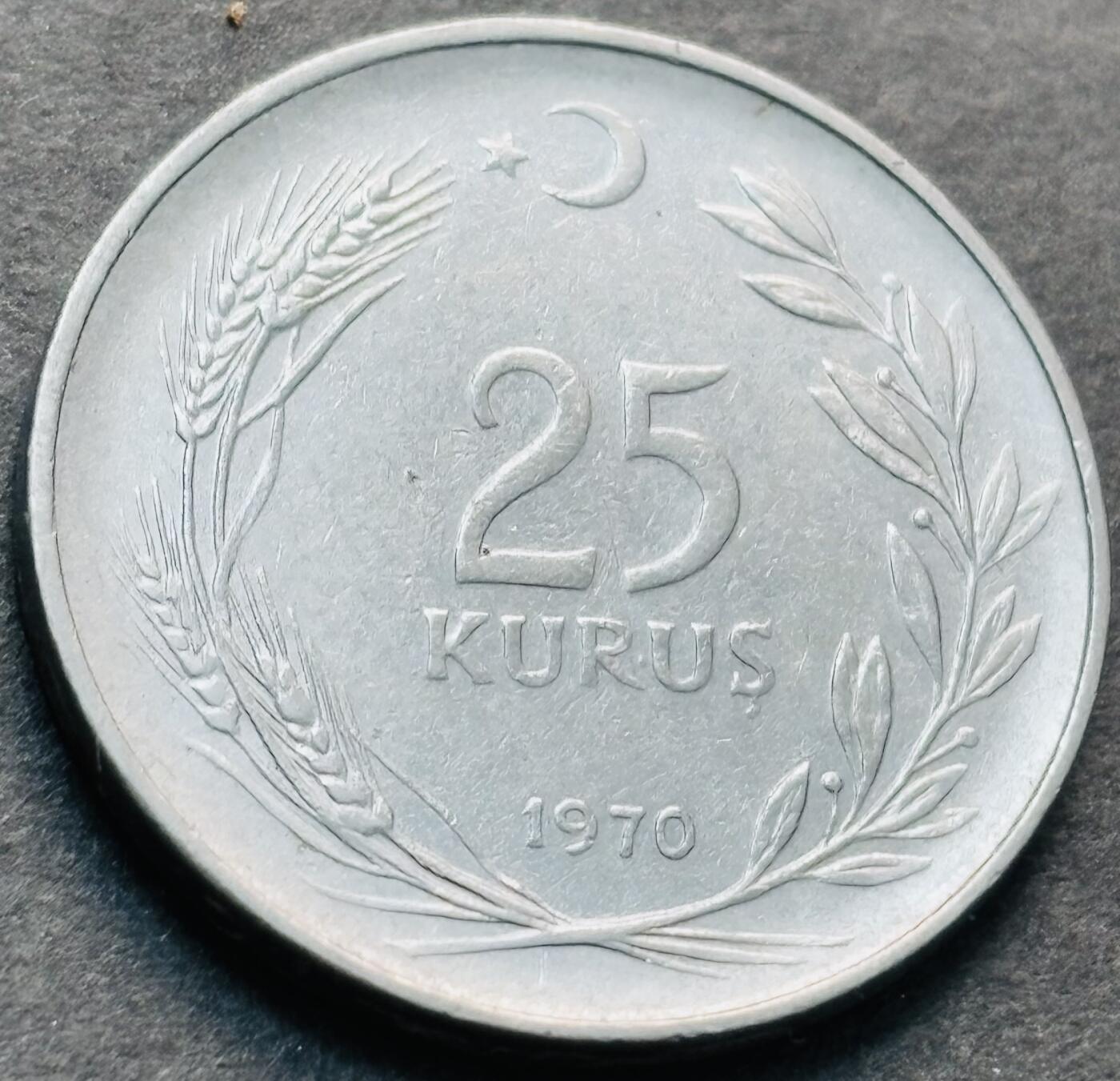 文馨钱币收藏第 284 场，【 长期接收代拍品】老藏家拍品南朝鲜李承晚时期货币，泰国大型纪念币，土耳其各时期及各国套币场 星月形向左  1970 年土耳其 25 库鲁，减轻重版