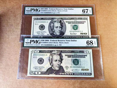 【Blue Auction】世界纸币精拍第757期——18级TOP拍卖/信誉/品质/专业/高效💫 - 【一组2张6801倒置千位小号同号】美国 2001-04年20-50美金 PMG68EPQ-67EPQ高分