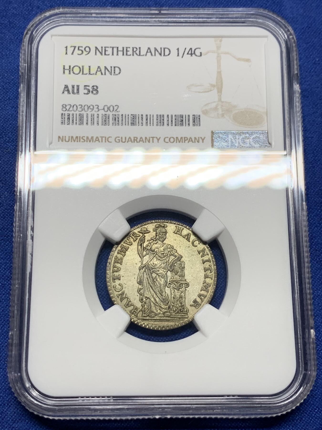 《竞宝斋》第443场 周日，周一，2场连拍 （全场包邮） NGC AU58 尼德兰（荷兰） 1759年 1/4盾银币 荷兰三剑客之一的站人银币 细节一流 包浆不错