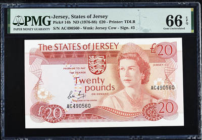 【Blue Auction】世界纸币精拍第757期——18级TOP拍卖/信誉/品质/专业/高效💫 - 泽西 1976-88年20镑 高冠女王 PMG66EPQ 