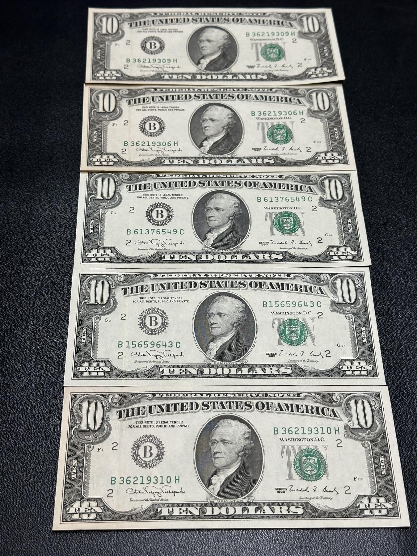 《外钞收藏家》第五百九十期（欧洲强钞、港币、硬通货及丰富裸币大拍场）（本平台长期征集拍品、欢迎藏友们联系合作） 1990年美国小头版10美元 5张一起 AU/UNC-