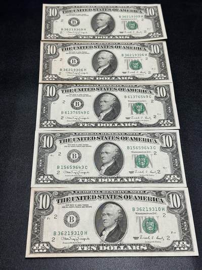 《外钞收藏家》第五百九十期（欧洲强钞、港币、硬通货及丰富裸币大拍场）（本平台长期征集拍品、欢迎藏友们联系合作） - 1990年美国小头版10美元 5张一起 AU/UNC-