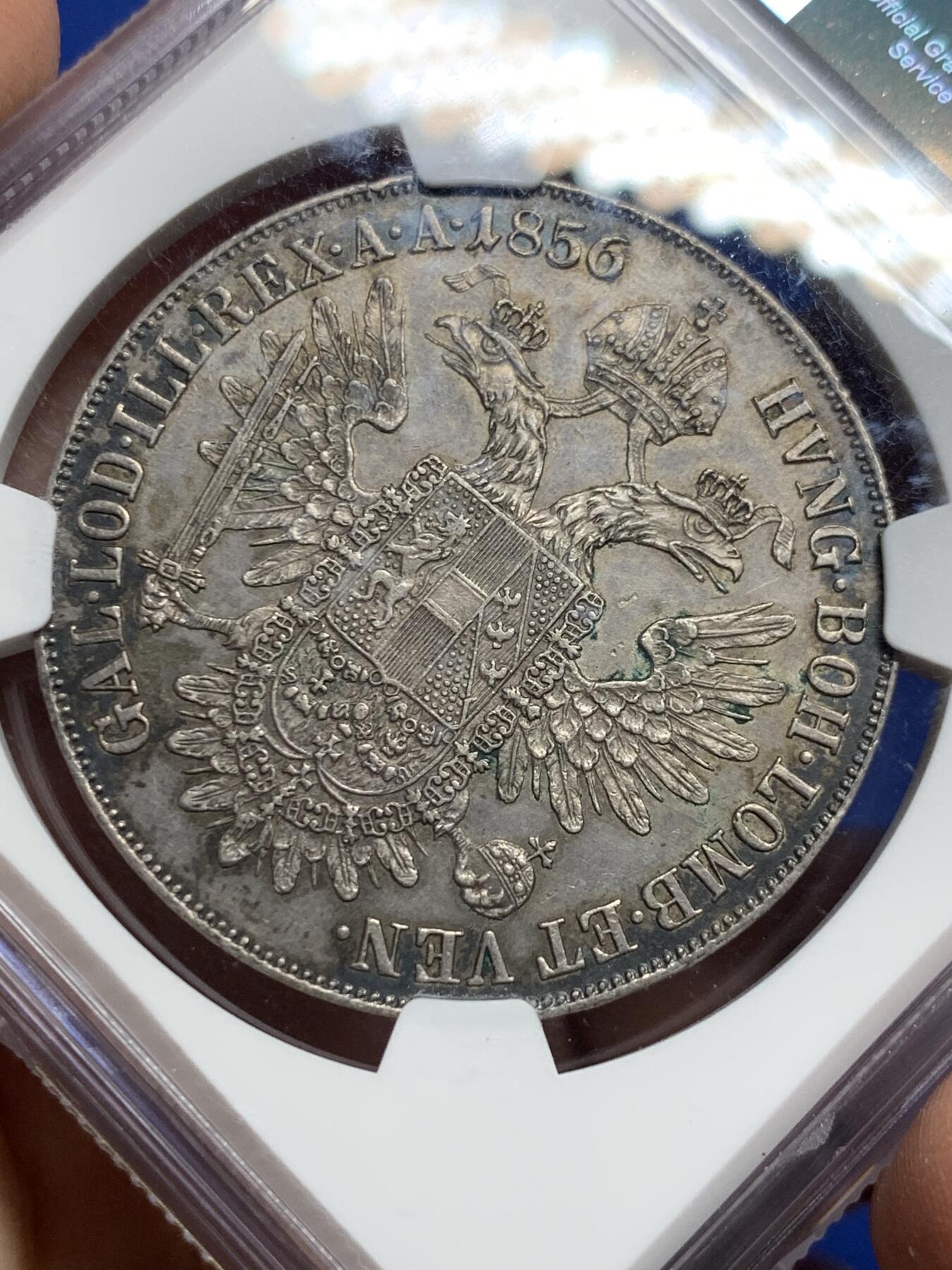 《竞宝斋》第443场 周日，周一，2场连拍 （全场包邮） NGC AUD 奥地利帝国1856年弗兰茨约瑟夫一世协议1泰勒，包浆不错，国内不多见的品种。